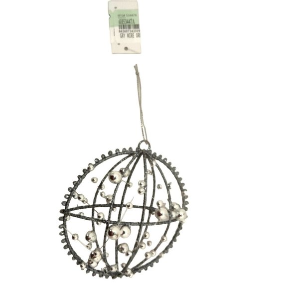 Gray Wire Ornament Silver Beaded Glitter Round 6 inch - Picture 3 of 4